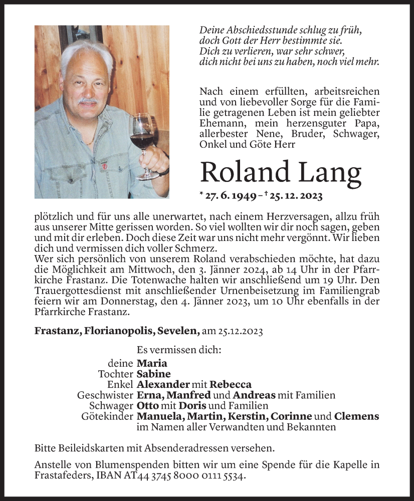  Todesanzeige für Roland Lang vom 30.12.2023 aus Vorarlberger Nachrichten