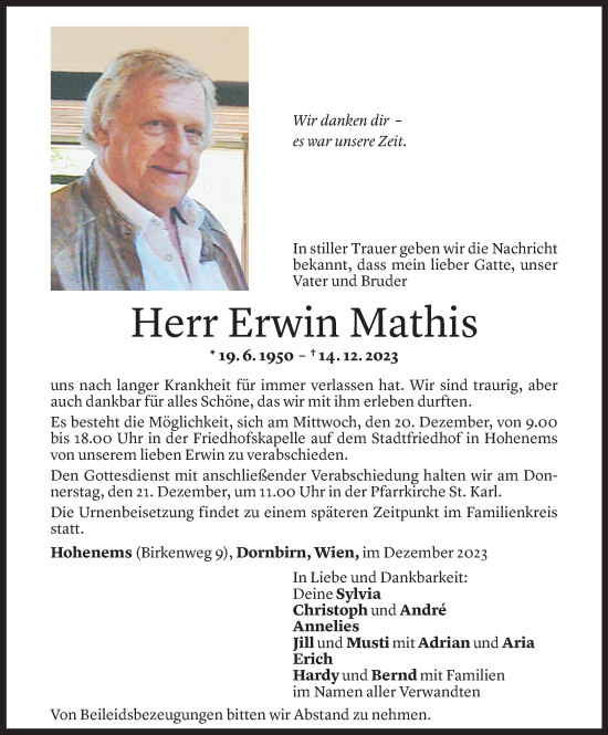 Todesanzeige von Erwin Mathis von Vorarlberger Nachrichten