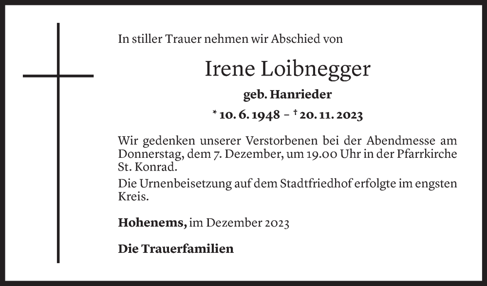  Todesanzeige für Irene Loibnegger vom 05.12.2023 aus Vorarlberger Nachrichten