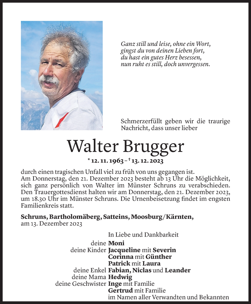  Todesanzeige für Walter Brugger vom 16.12.2023 aus Vorarlberger Nachrichten