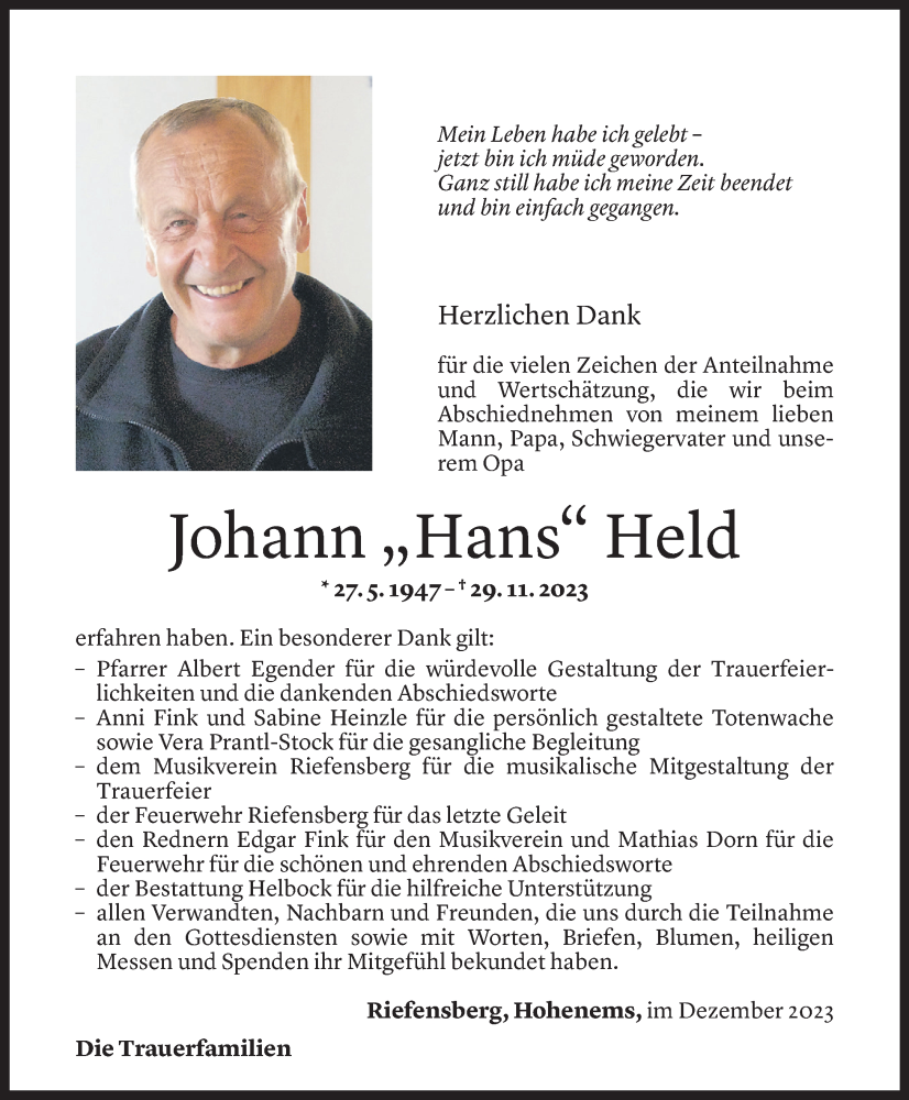  Todesanzeige für Johann Held vom 29.12.2023 aus Vorarlberger Nachrichten