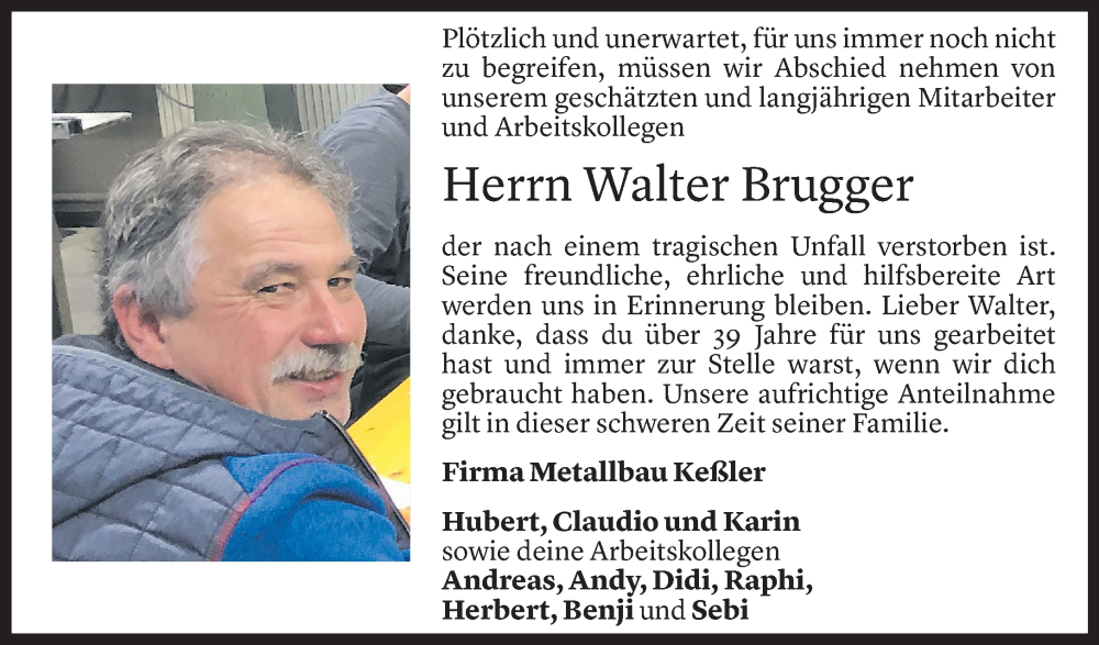  Todesanzeige für Walter Brugger vom 16.12.2023 aus Vorarlberger Nachrichten