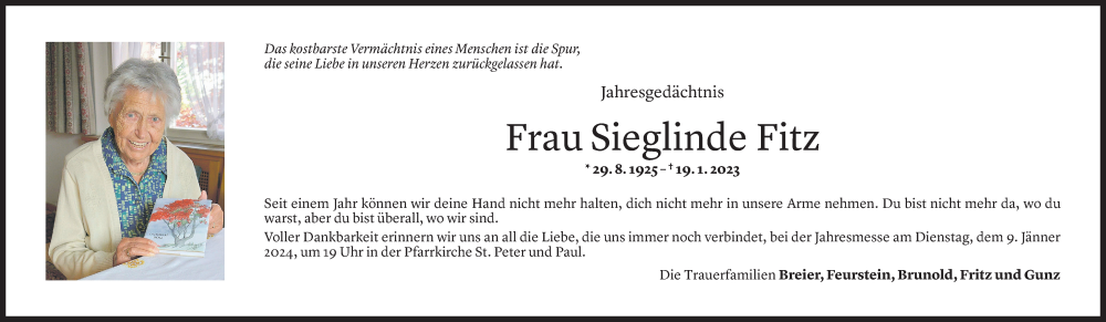  Todesanzeige für Sieglinde Fitz-Grabher vom 04.01.2024 aus Vorarlberger Nachrichten