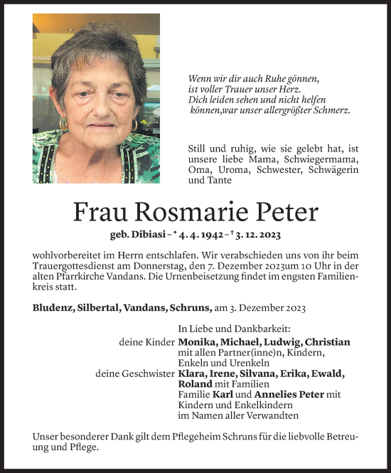 Todesanzeige von Rosmarie Peter von Vorarlberger Nachrichten