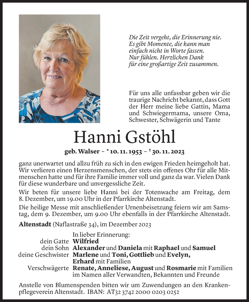  Todesanzeige für Hanni Gstöhl vom 04.12.2023 aus Vorarlberger Nachrichten