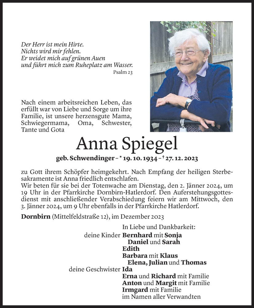 Todesanzeige für Anna Spiegel vom 30.12.2023 aus Vorarlberger Nachrichten
