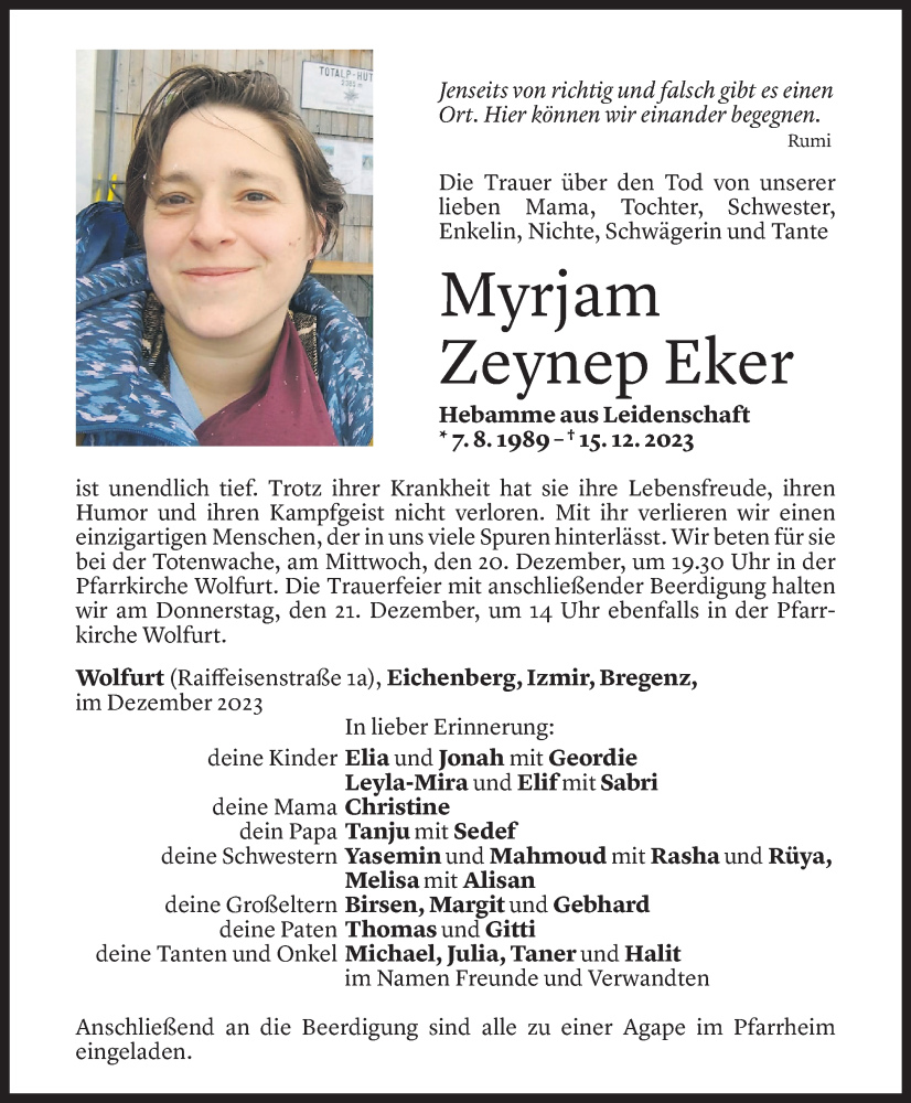  Todesanzeige für Myrjam Eker vom 19.12.2023 aus Vorarlberger Nachrichten
