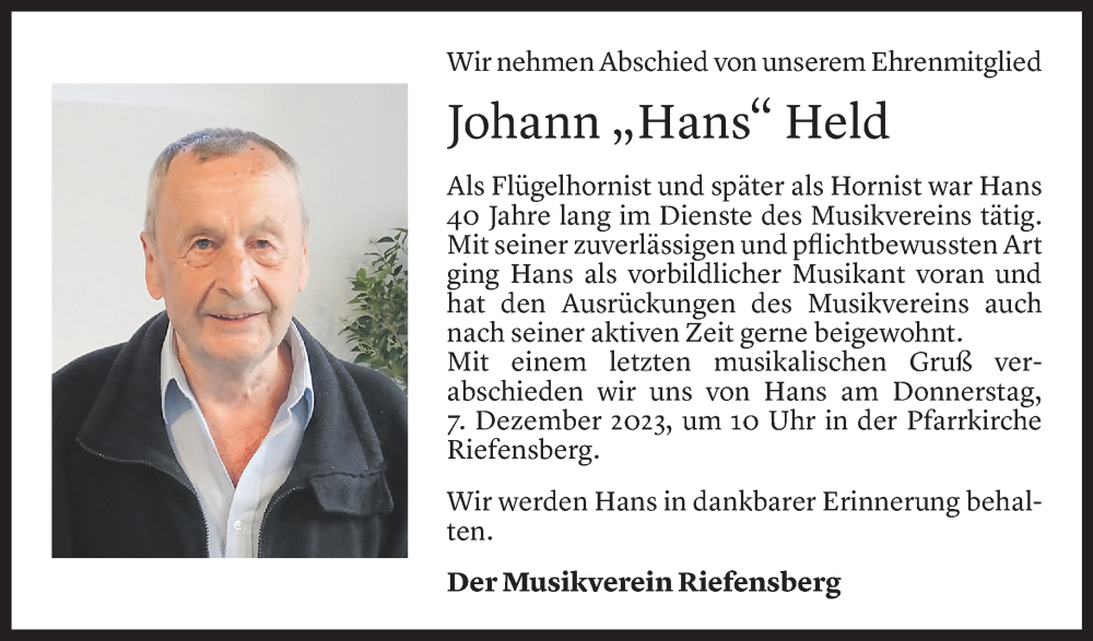  Todesanzeige für Johann Held vom 05.12.2023 aus Vorarlberger Nachrichten