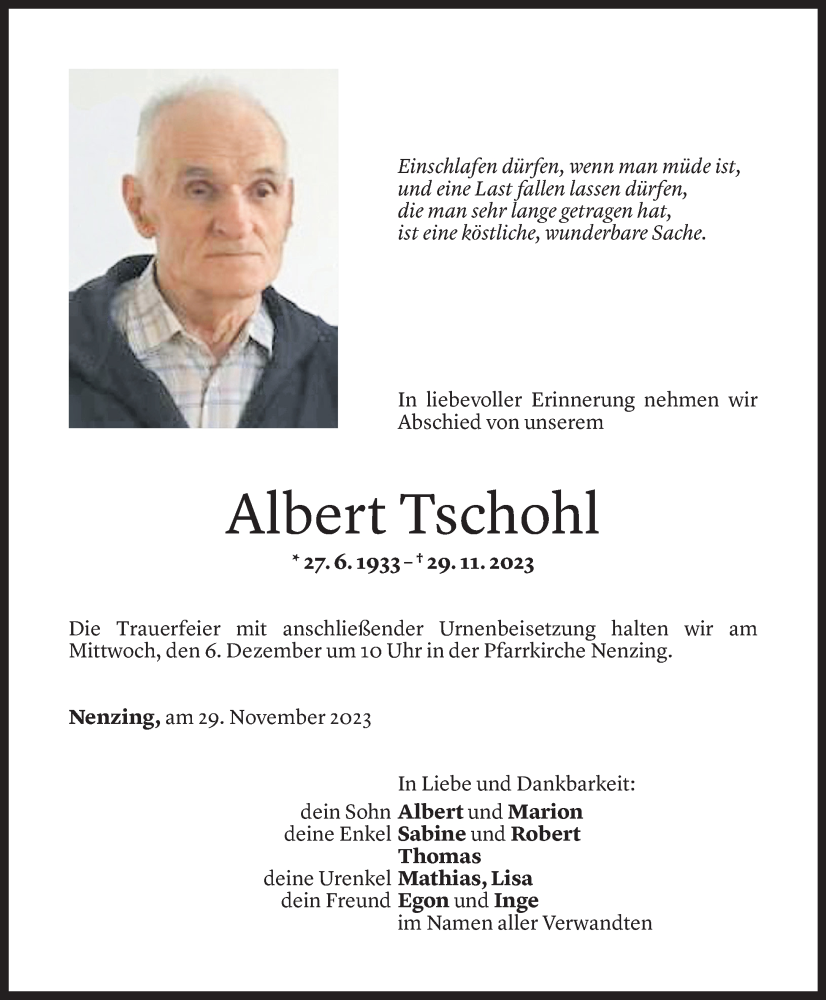 Todesanzeige für Albert Tschohl vom 01.12.2023 aus Vorarlberger Nachrichten