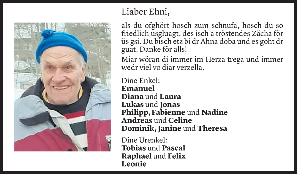  Todesanzeige für Alwin Hammer vom 02.12.2023 aus Vorarlberger Nachrichten
