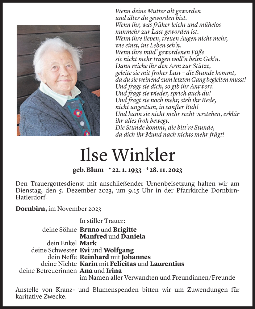 Todesanzeige für Ilse Winkler vom 02.12.2023 aus vorarlberger nachrichten