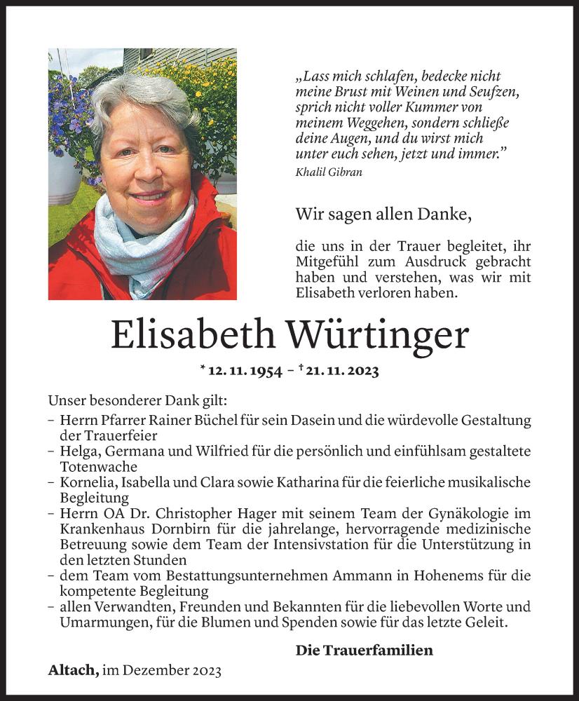  Todesanzeige für Elisabeth Würtinger vom 15.12.2023 aus Vorarlberger Nachrichten