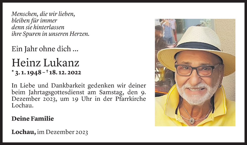  Todesanzeige für Heinz Lukanz vom 06.12.2023 aus Vorarlberger Nachrichten