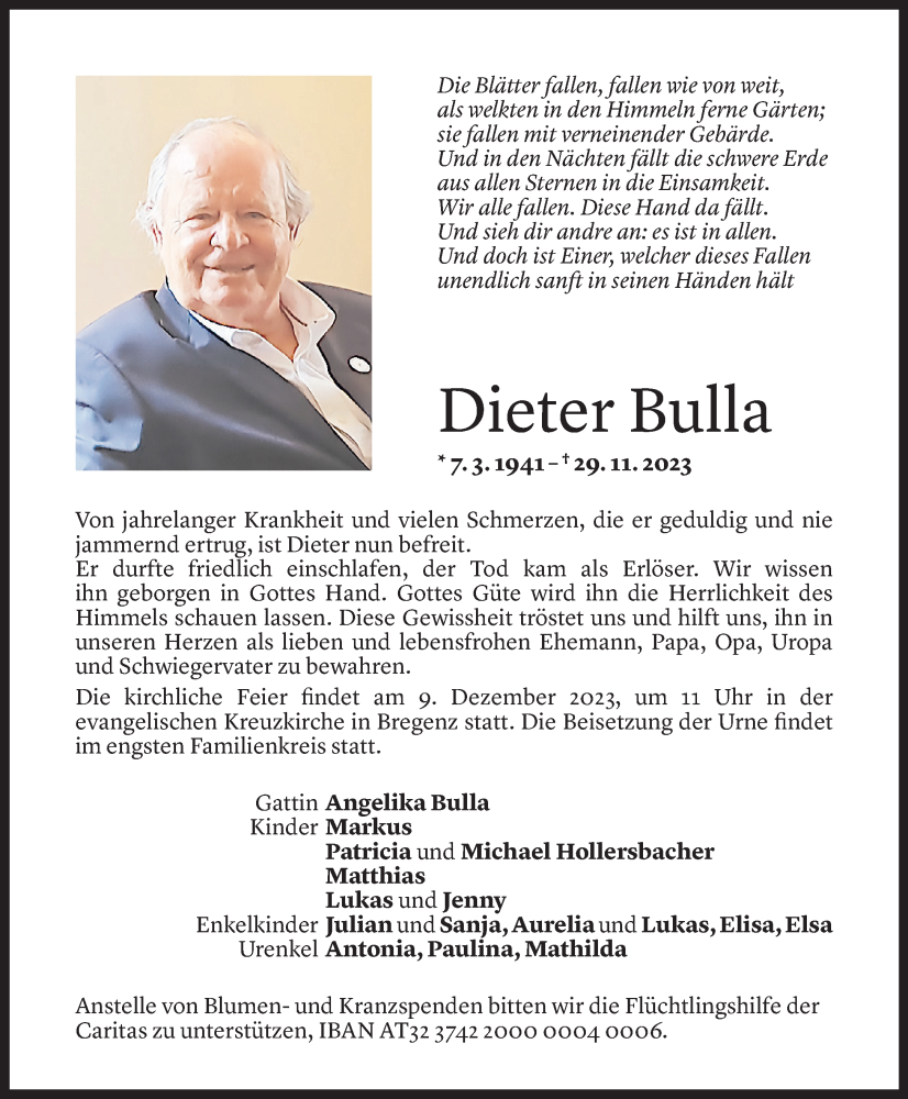  Todesanzeige für Dieter Bulla vom 01.12.2023 aus Vorarlberger Nachrichten
