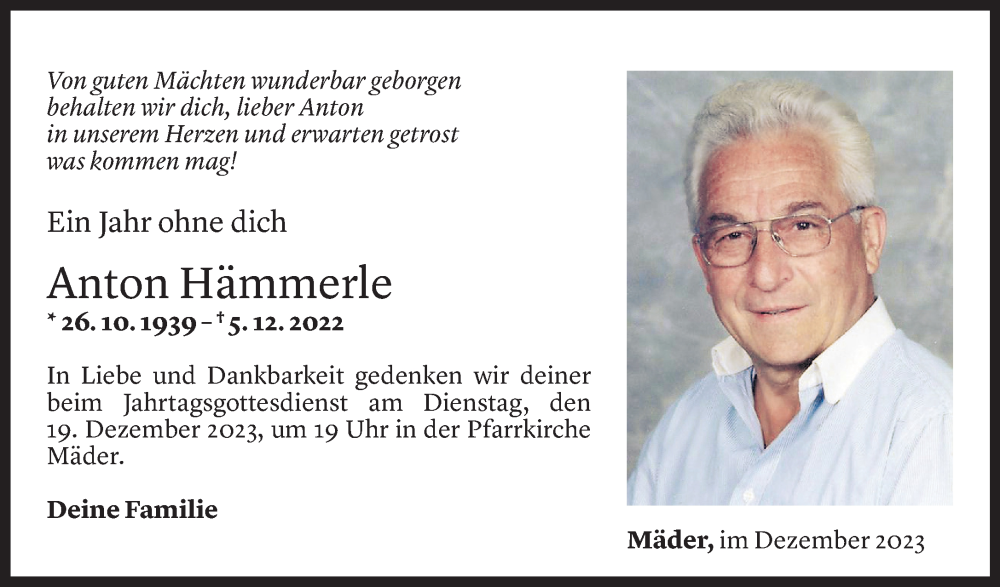  Todesanzeige für Anton Hämmerle vom 04.12.2023 aus Vorarlberger Nachrichten
