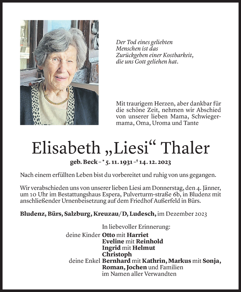  Todesanzeige für Elisabeth Thaler vom 30.12.2023 aus Vorarlberger Nachrichten
