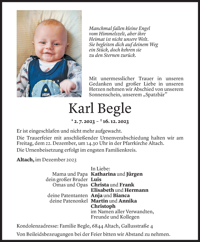  Todesanzeige für Karl Begle vom 20.12.2023 aus Vorarlberger Nachrichten