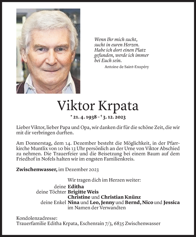  Todesanzeige für Viktor Krpata vom 11.12.2023 aus Vorarlberger Nachrichten