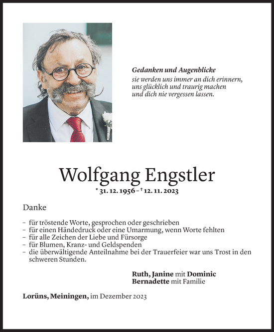 Todesanzeige von Wolfgang Engstler von Vorarlberger Nachrichten