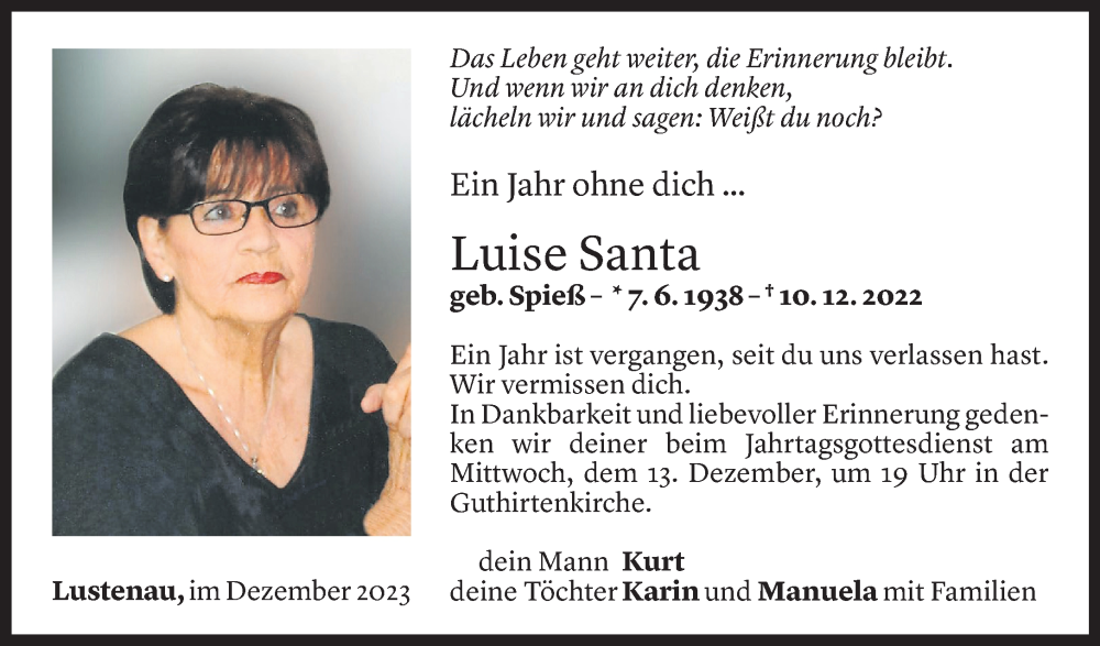  Todesanzeige für Luise Santa vom 08.12.2023 aus Vorarlberger Nachrichten