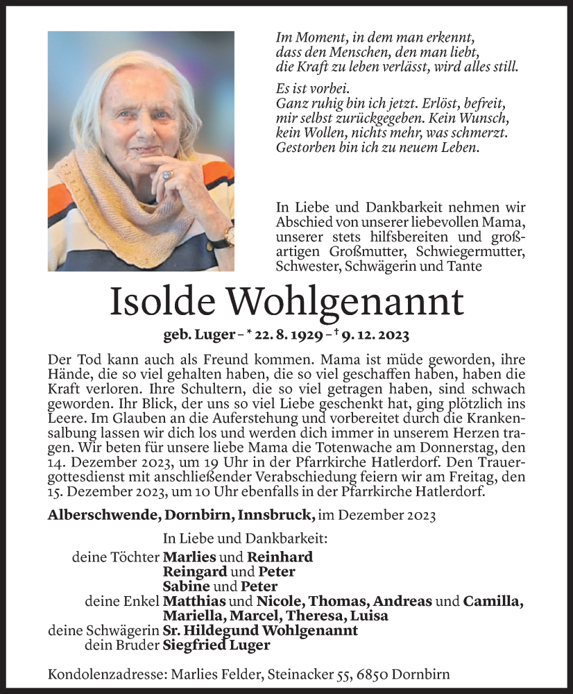  Todesanzeige für Isolde Wohlgenannt vom 13.12.2023 aus Vorarlberger Nachrichten