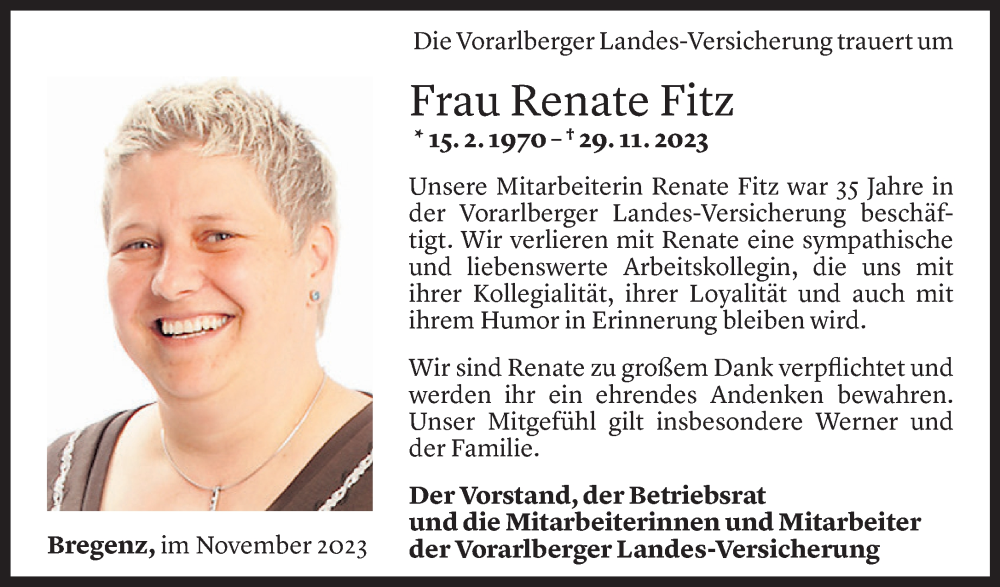  Todesanzeige für Renate Fitz vom 04.12.2023 aus vorarlberger nachrichten