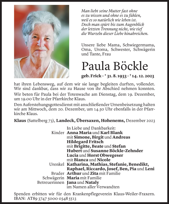 Todesanzeige von Paula Böckle von Vorarlberger Nachrichten