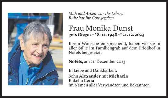 Todesanzeige von Monika Dunst von Vorarlberger Nachrichten