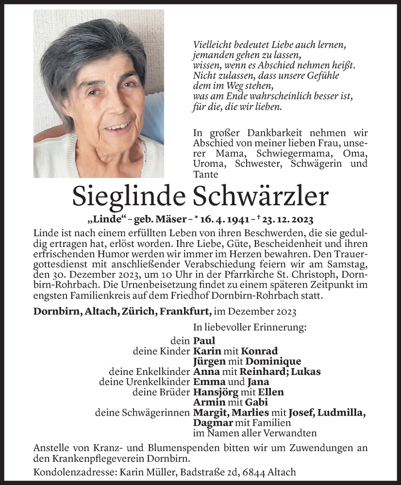  Todesanzeige für Sieglinde Schwärzler vom 28.12.2023 aus Vorarlberger Nachrichten