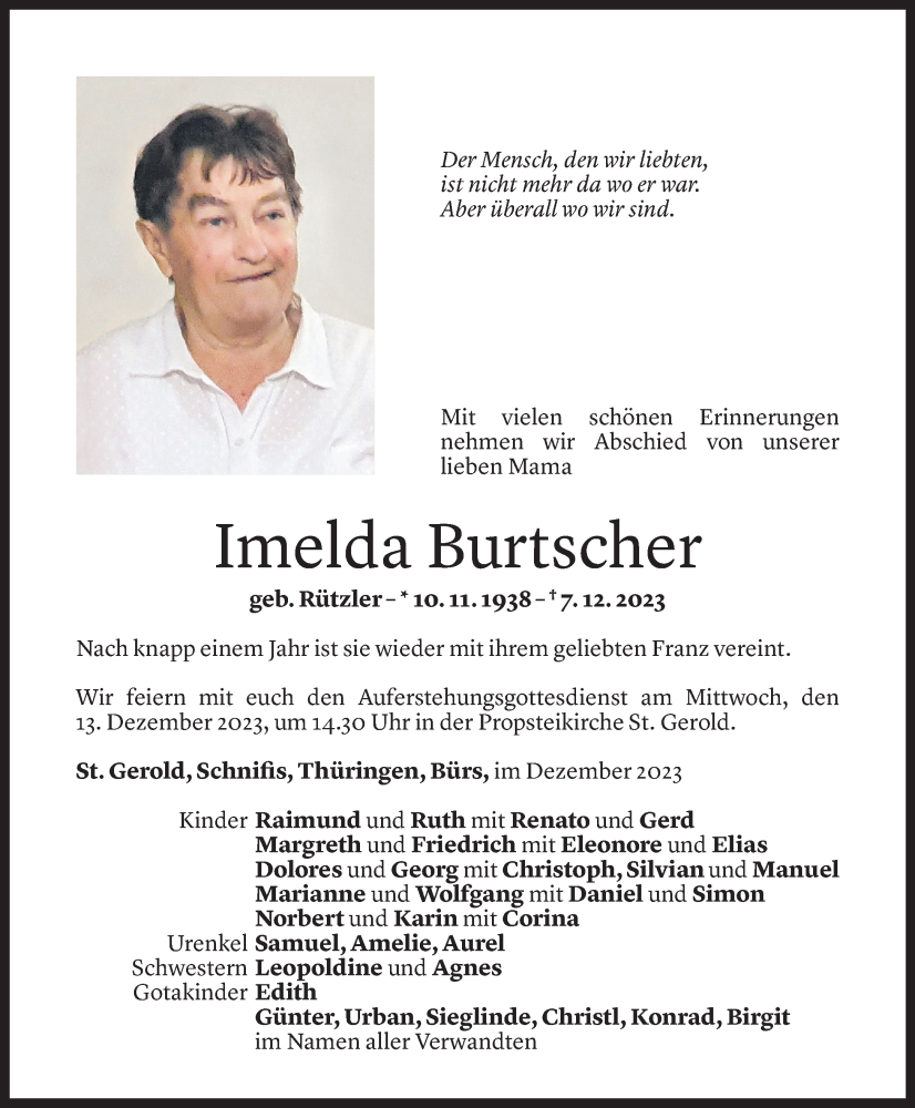  Todesanzeige für Imelda Burtscher vom 08.12.2023 aus Vorarlberger Nachrichten