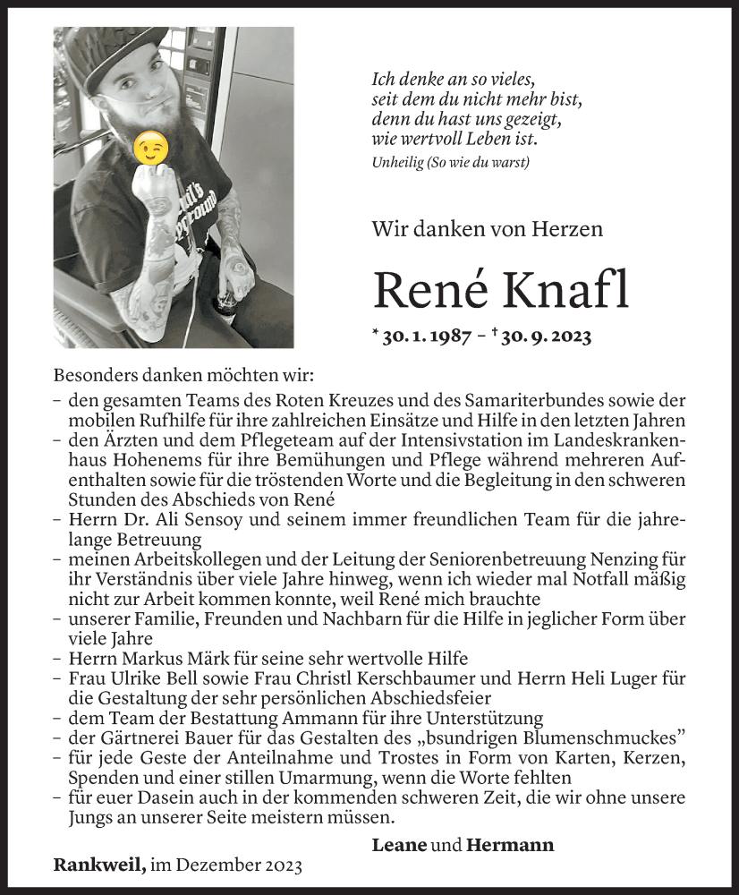  Todesanzeige für Rene Knafl vom 12.12.2023 aus Vorarlberger Nachrichten