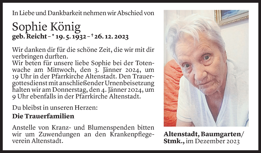  Todesanzeige für Sophie König vom 30.12.2023 aus Vorarlberger Nachrichten