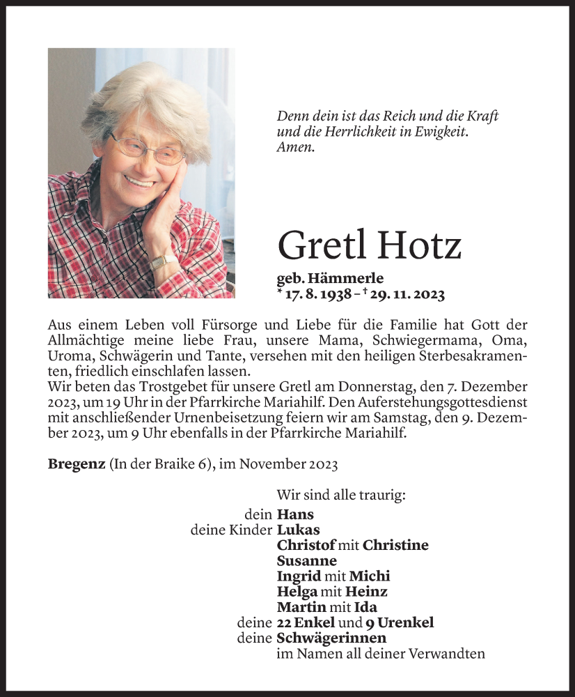 Todesanzeige für Gretl Hotz vom 01.12.2023 aus Vorarlberger Nachrichten