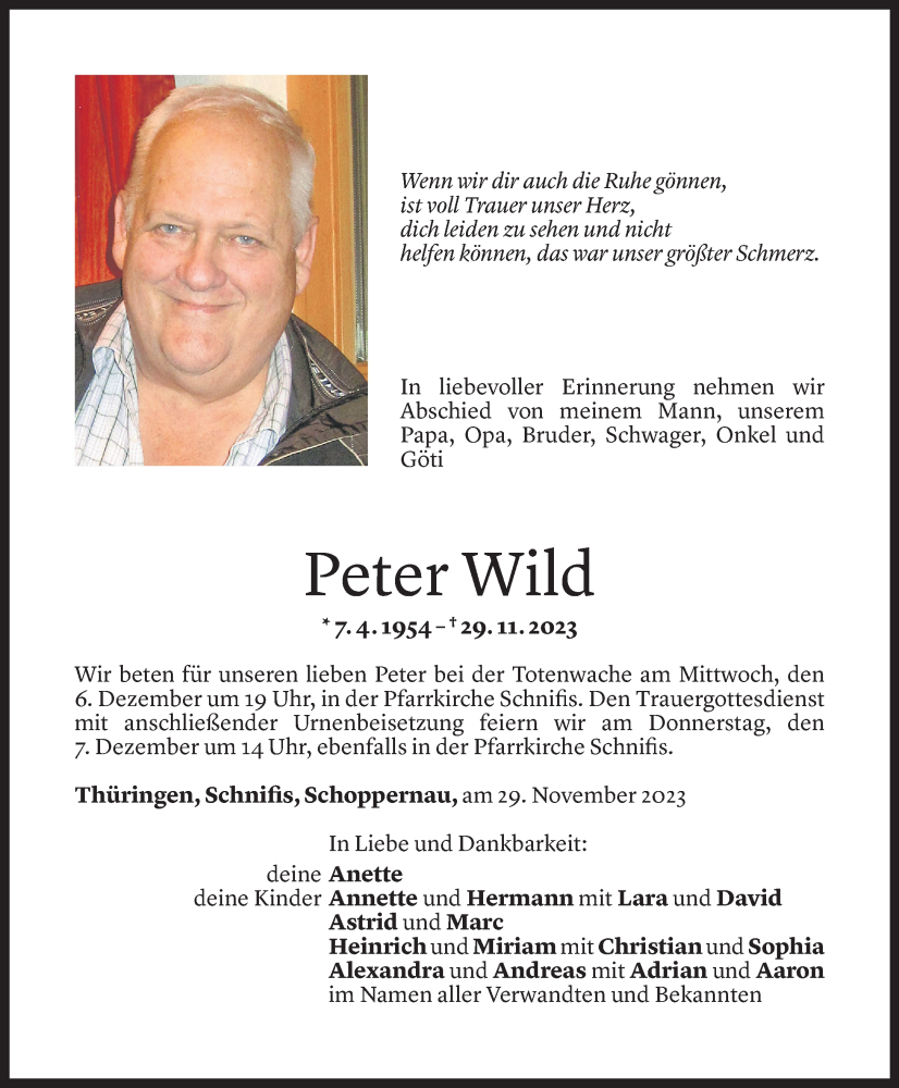  Todesanzeige für Peter Wild vom 01.12.2023 aus Vorarlberger Nachrichten