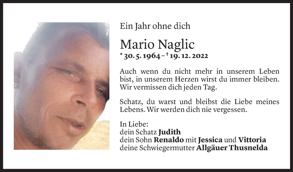  Todesanzeige für Mario Naglic vom 18.12.2023 aus Vorarlberger Nachrichten
