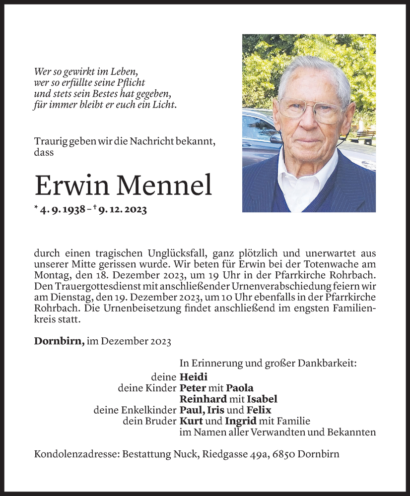  Todesanzeige für Erwin Mennel vom 15.12.2023 aus Vorarlberger Nachrichten