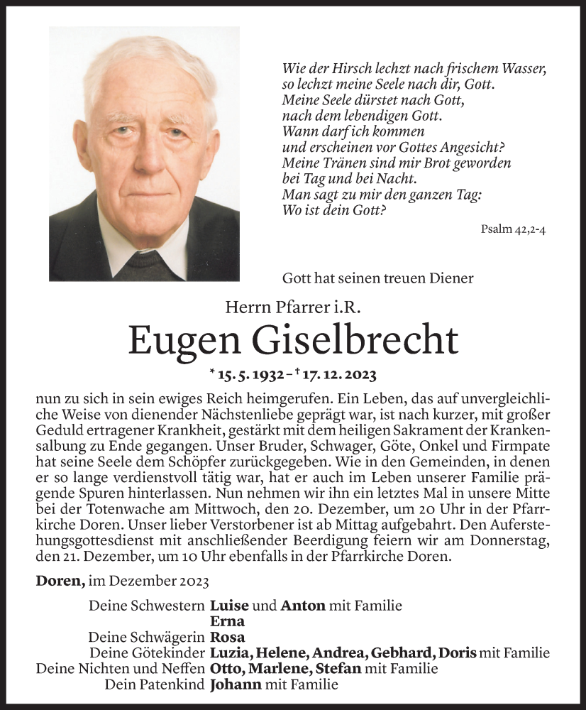  Todesanzeige für Eugen Giselbrecht vom 19.12.2023 aus Vorarlberger Nachrichten