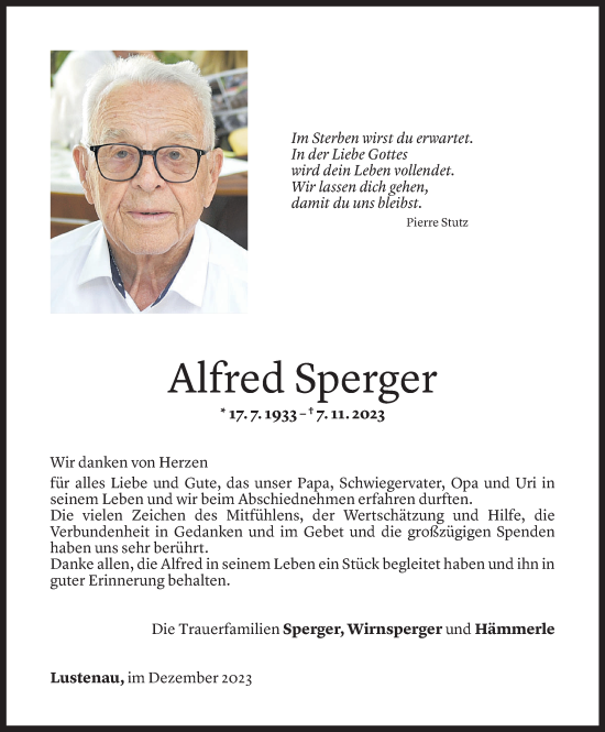 Todesanzeige von Alfred Sperger von Vorarlberger Nachrichten