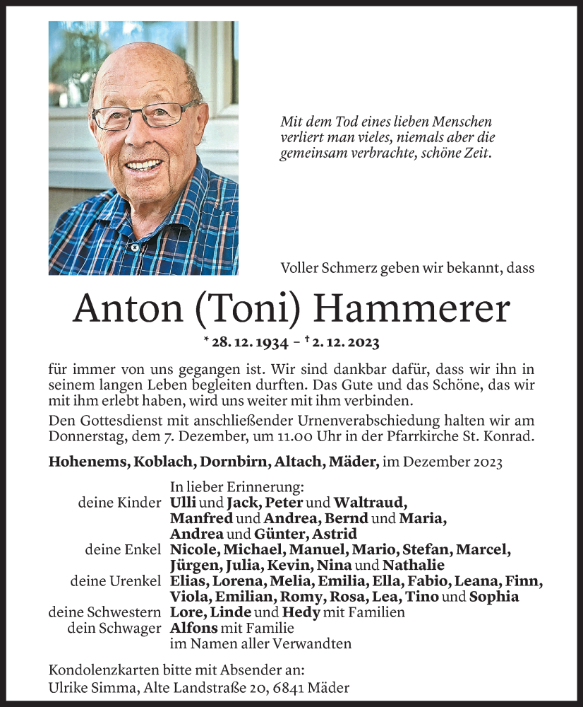  Todesanzeige für Anton Hammerer vom 05.12.2023 aus Vorarlberger Nachrichten