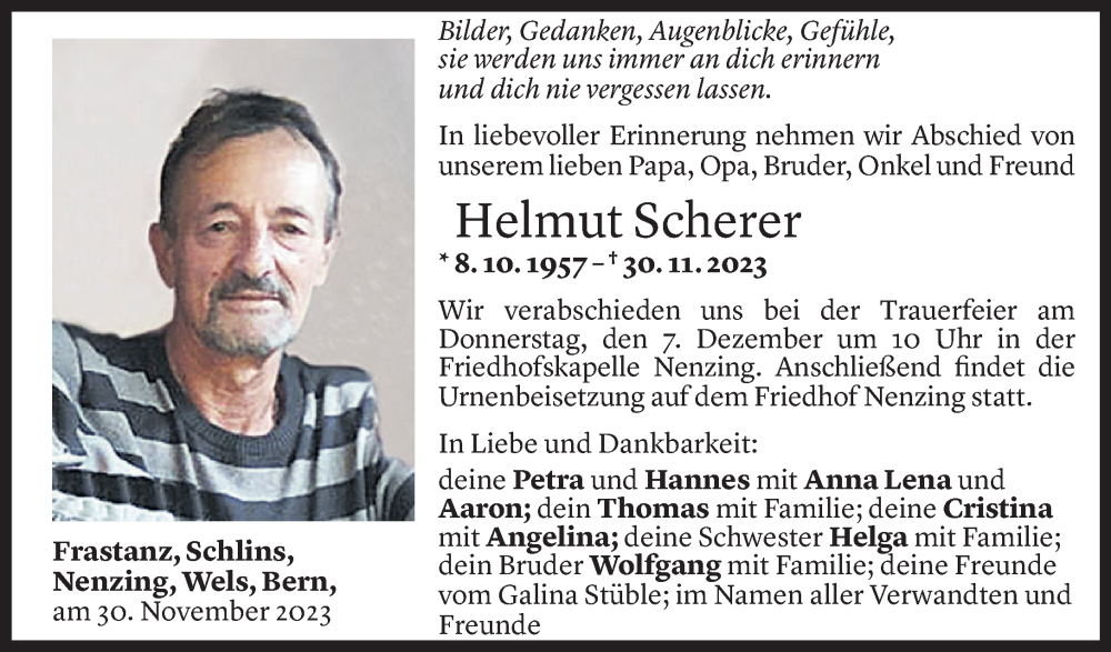  Todesanzeige für Helmut Scherer vom 05.12.2023 aus Vorarlberger Nachrichten
