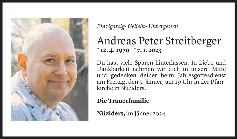  Todesanzeige für Andreas Streitberger vom 03.01.2024 aus Vorarlberger Nachrichten