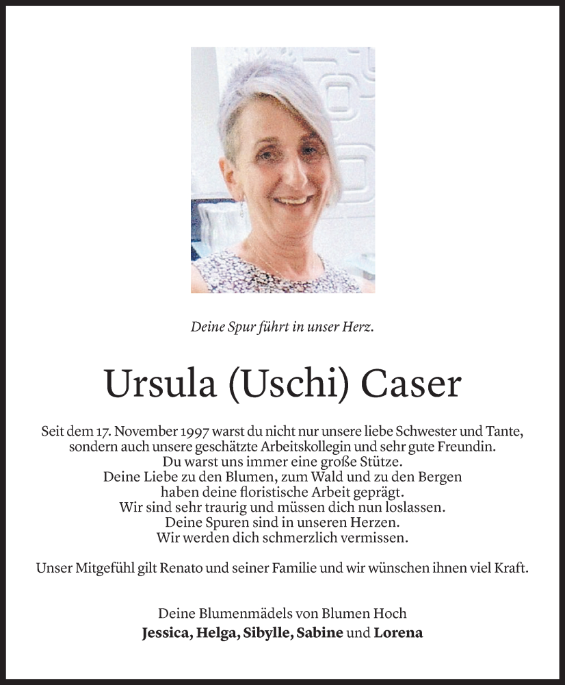  Todesanzeige für Ursula Caser vom 22.12.2023 aus Vorarlberger Nachrichten