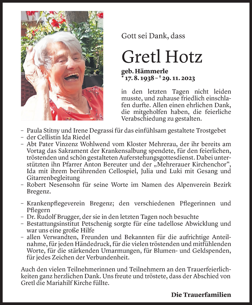  Todesanzeige für Gretl Hotz vom 15.12.2023 aus Vorarlberger Nachrichten