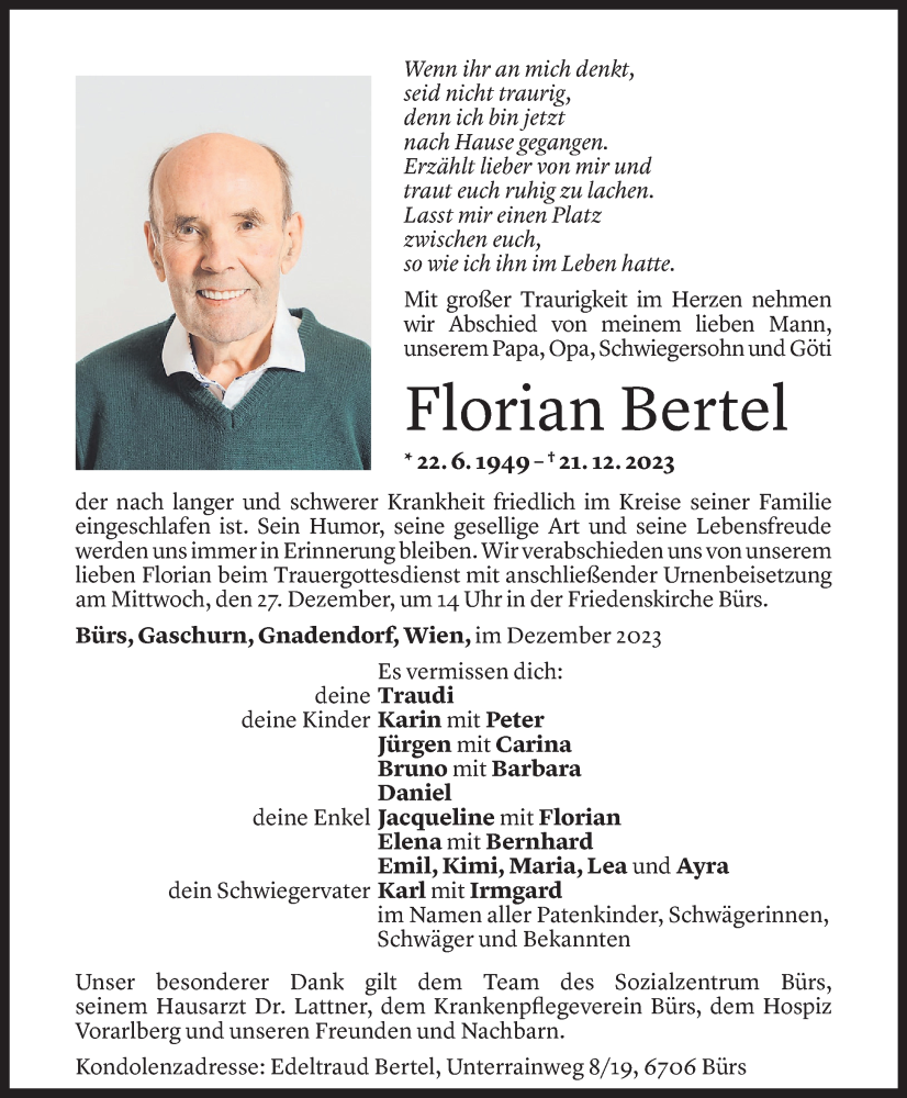  Todesanzeige für Florian Bertel vom 23.12.2023 aus Vorarlberger Nachrichten