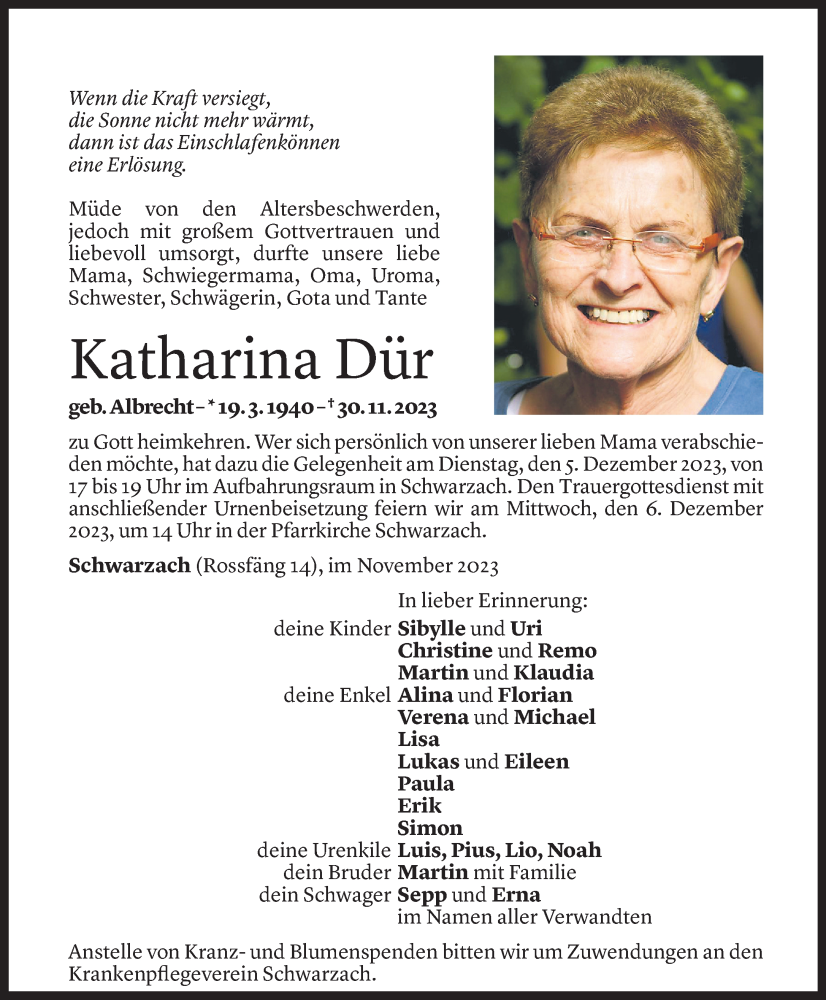  Todesanzeige für Katharina Dür vom 02.12.2023 aus vorarlberger nachrichten