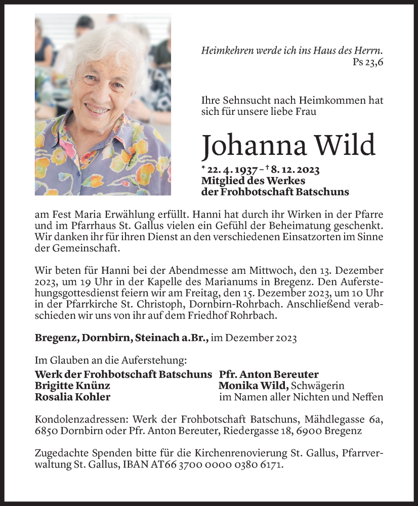  Todesanzeige für Johanna Wild vom 12.12.2023 aus Vorarlberger Nachrichten