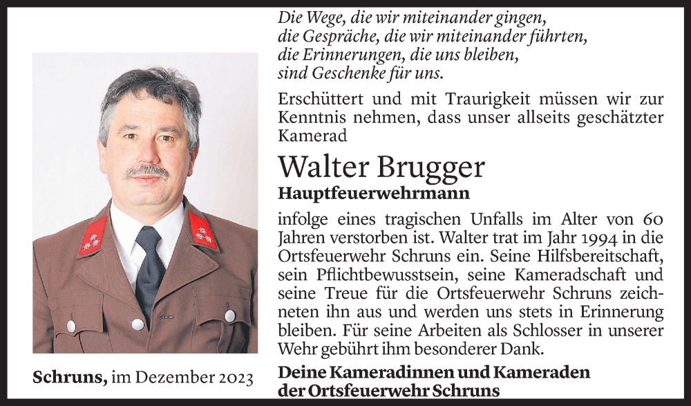  Todesanzeige für Walter Brugger vom 16.12.2023 aus Vorarlberger Nachrichten