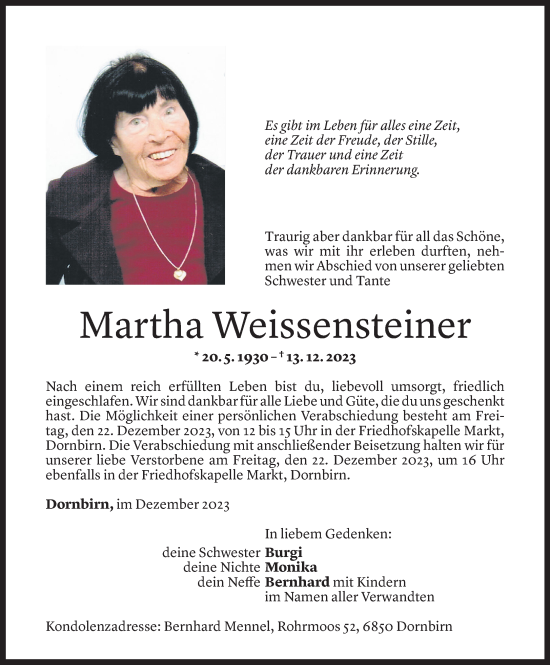 Todesanzeige von Martha Weissensteiner von vorarlberger nachrichten