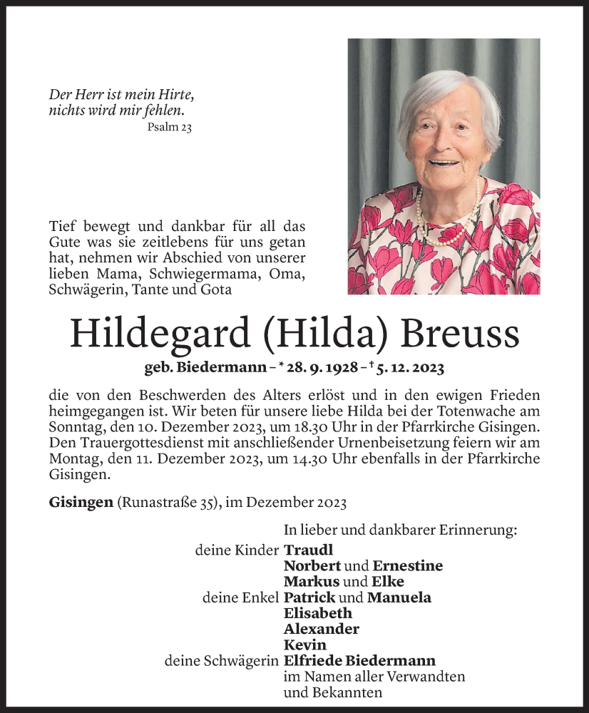  Todesanzeige für Hildegard Breuss vom 08.12.2023 aus Vorarlberger Nachrichten