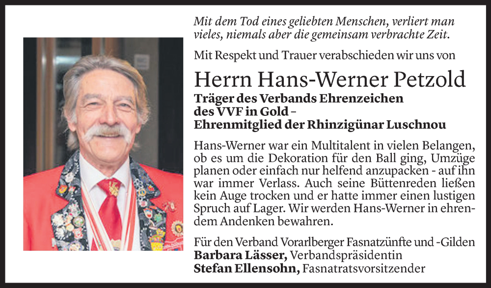  Todesanzeige für Hans-Werner Petzold vom 09.12.2023 aus Vorarlberger Nachrichten